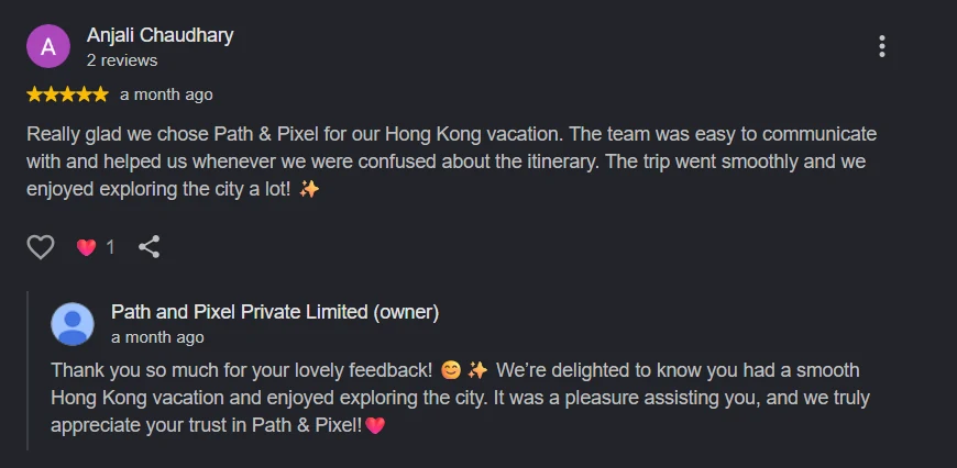 Google review by Anjali Chaudhary, 5 stars, about a Hong Kong vacation, with a reply from the Path and Pixel team