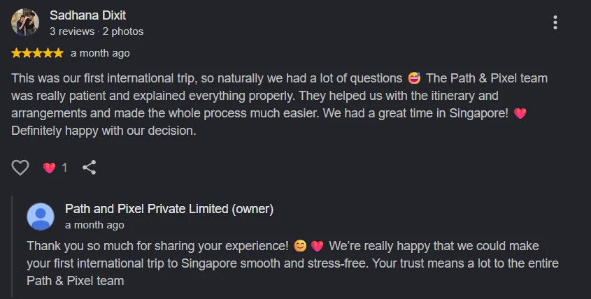 Google review by Sadhana Dixit, 5 stars, about a first international trip to Singapore, with a reply from the Path and Pixel team