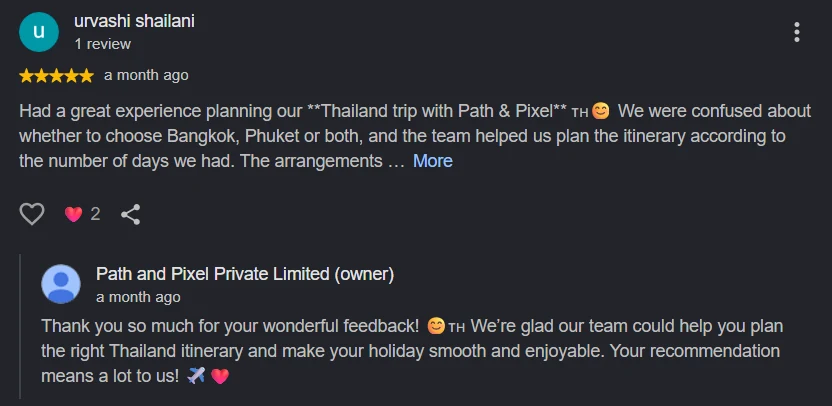 Google review by urvashi shailani, 5 stars, about planning a Thailand trip, with a reply from the Path and Pixel team