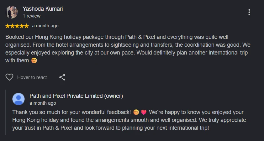 Google review by Yashoda Kumari, 5 stars, about a Hong Kong holiday package, with a reply from the Path and Pixel team